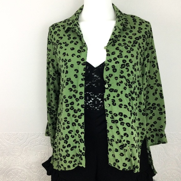 Velvet Heart Tops - Velvet Heart green leopard print button down shirt